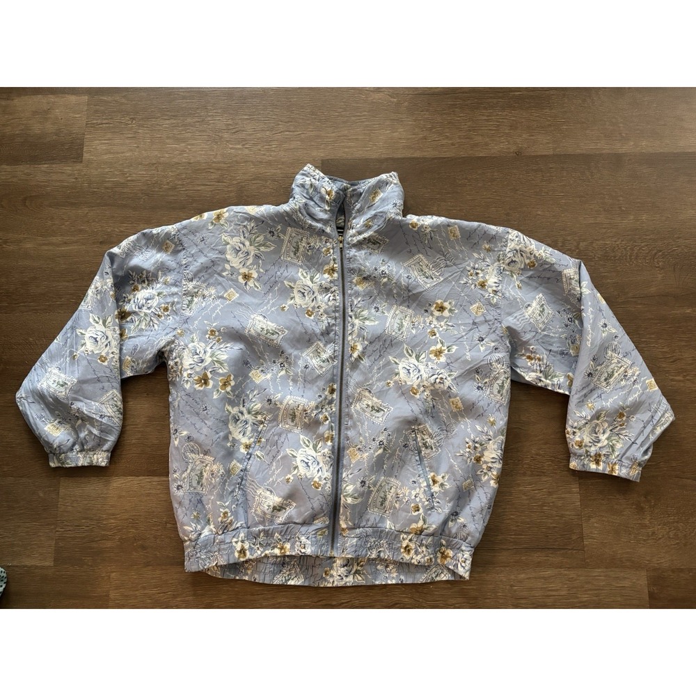 Vintage‎ Women 100% Silk Bomber Jacket EVR Rousso Mixed Floral Windbreaker XL